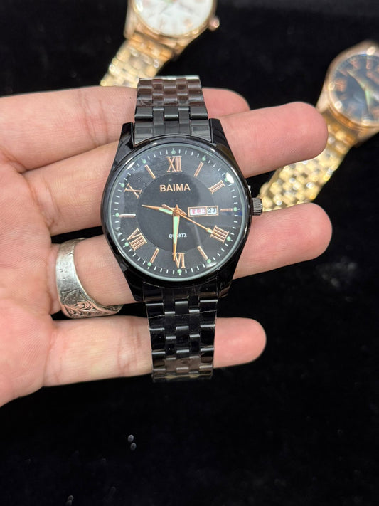 Baima Quartz Gold Stainless Steel Watch – Classic Roman Numeral Dial with Day & Date Display