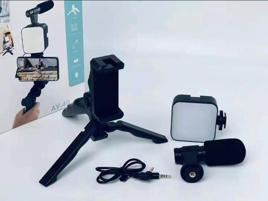 AY-49 Vlogging Kit – Portable Video Recording Kit with LED Light, Shotgun Microphone & Flexible Tripod