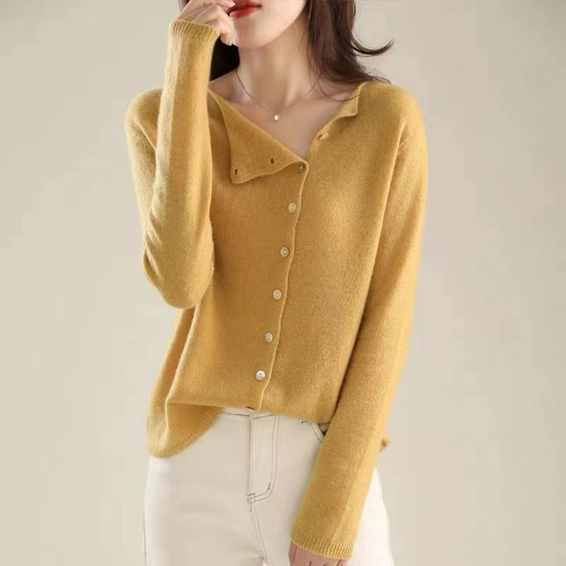 Single-Breasted Knitted Cardigan - Lightweight Low Round Neck Outer Layer