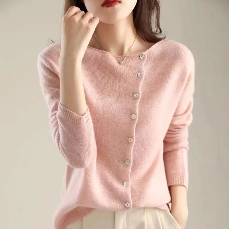 Single-Breasted Knitted Cardigan - Lightweight Low Round Neck Outer Layer