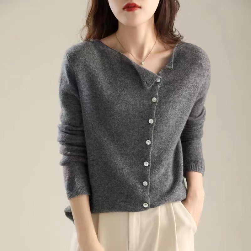 Single-Breasted Knitted Cardigan - Lightweight Low Round Neck Outer Layer