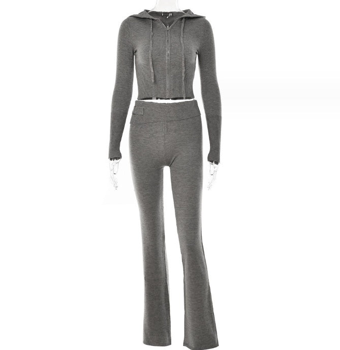 Trendy Women’s Zip-Up Hoodie and High-Waist Long Pants Set - Leisure & Chic