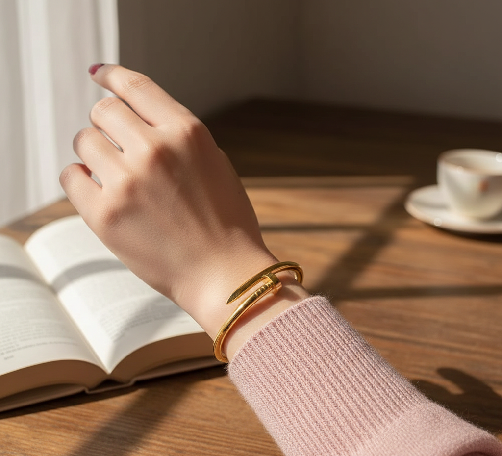 LuxeNail QVT-139 Bracelet - Iconic Nail Style Stainless Steel Bangle with Elegant Gold Finish