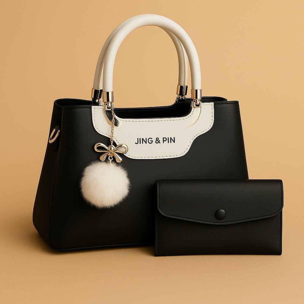 JING & PIN Premium Ladies Handbag Set – Elegant Black Clutch & Convertible Shoulder Bag with Strap Option