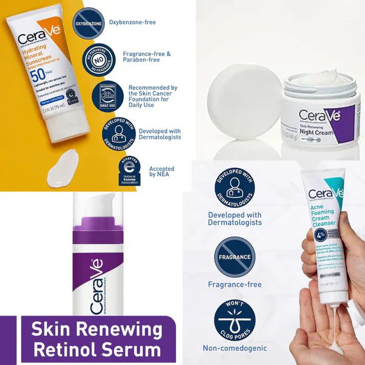 CeraVe Complete Glow & Repair Skincare Kit – SPF 50 Sunscreen, Acne Cleanser, Retinol Serum & Night Cream Set