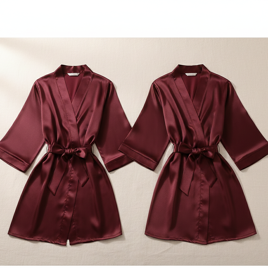 Elegant Silk Couple Gown / Robe Set – Wrap Style with Waist Belt (2 Pcs) | DC-C008 Black