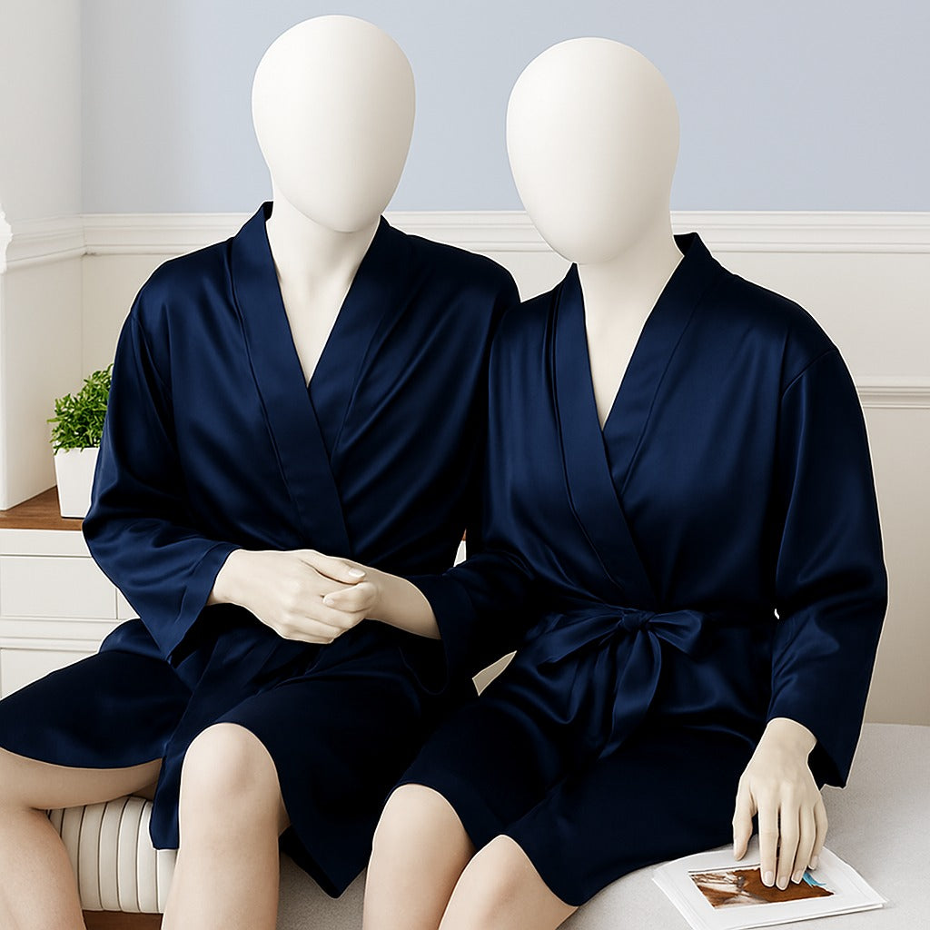 Elegant Silk Couple Gown / Robe Set – Wrap Style with Waist Belt (2 Pcs) | DC-C008 Black