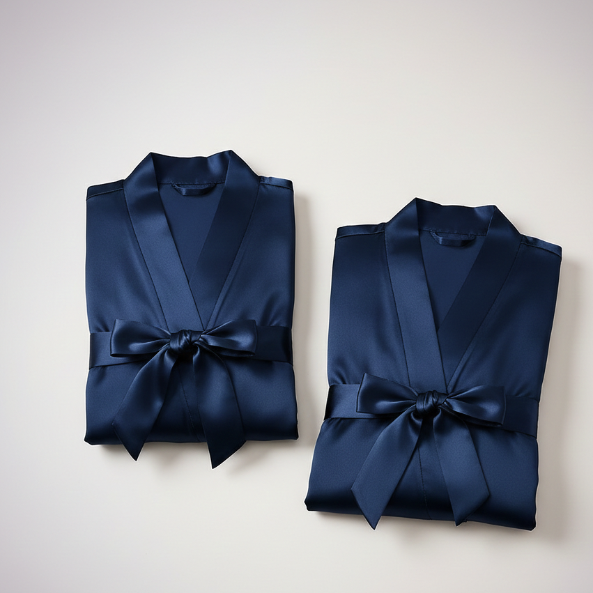 Elegant Silk Couple Gown / Robe Set – Wrap Style with Waist Belt (2 Pcs) | DC-C008 Black