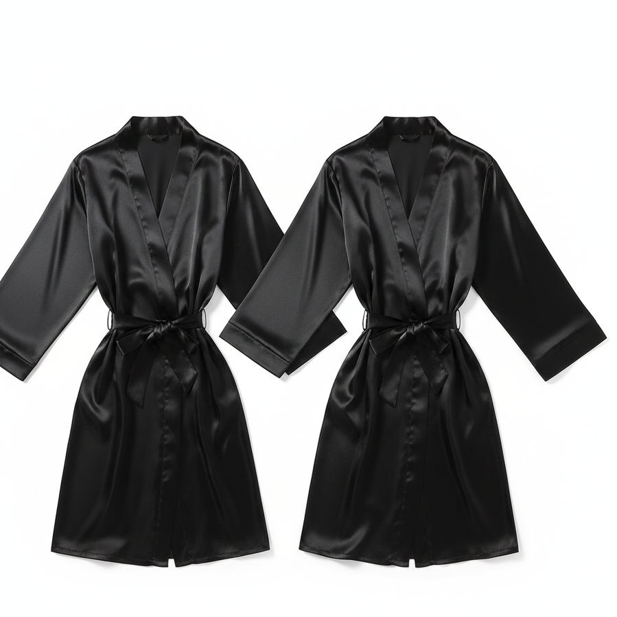 Elegant Silk Couple Gown / Robe Set – Wrap Style with Waist Belt (2 Pcs) | DC-C008 Black