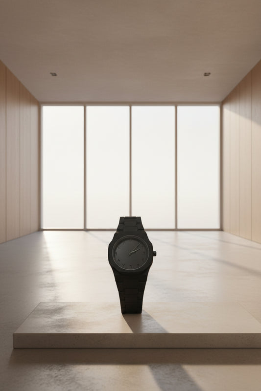 Black Minimalist Analog Wrist Aura Watch With Stainless Steel Strap And Butterfly Lock