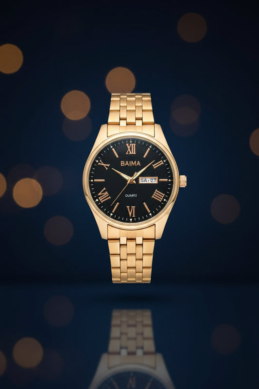 Baima Quartz Gold Stainless Steel Watch – Classic Roman Numeral Dial with Day & Date Display