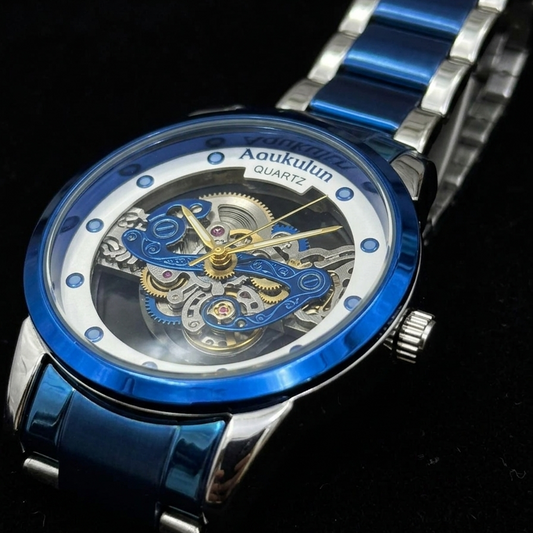 Luxury Skeleton Dial Quartz Watch For Men Elegant Stainless Steel Design | Blue And Silver
