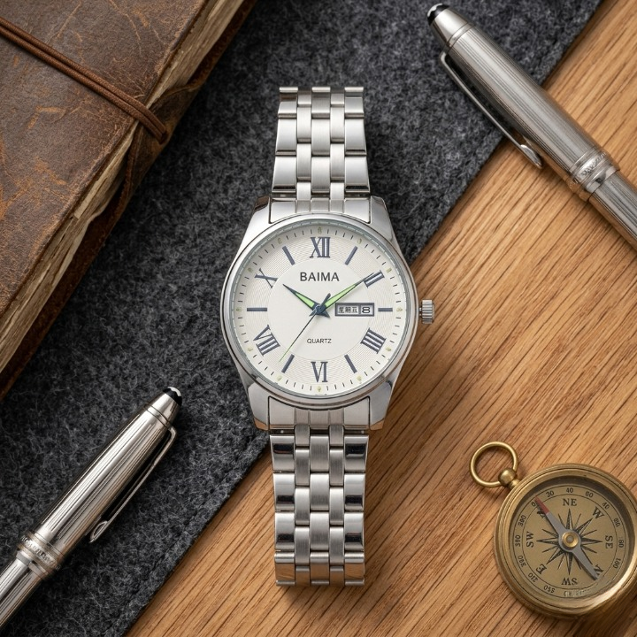 Baima Quartz Gold Stainless Steel Watch – Classic Roman Numeral Dial with Day & Date Display