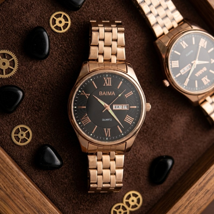 Baima Quartz Gold Stainless Steel Watch – Classic Roman Numeral Dial with Day & Date Display
