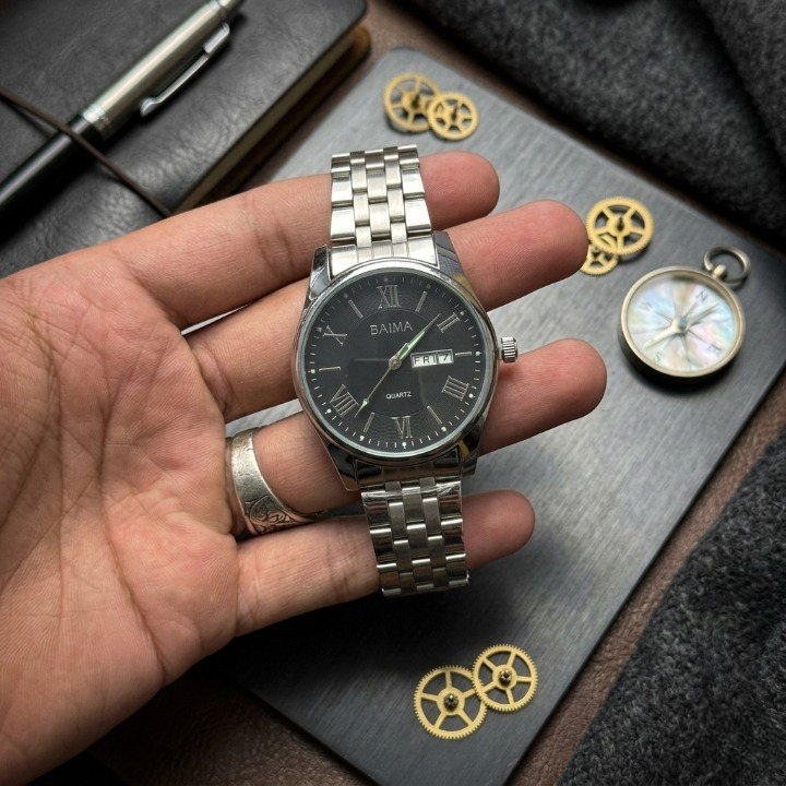 Baima Quartz Gold Stainless Steel Watch – Classic Roman Numeral Dial with Day & Date Display
