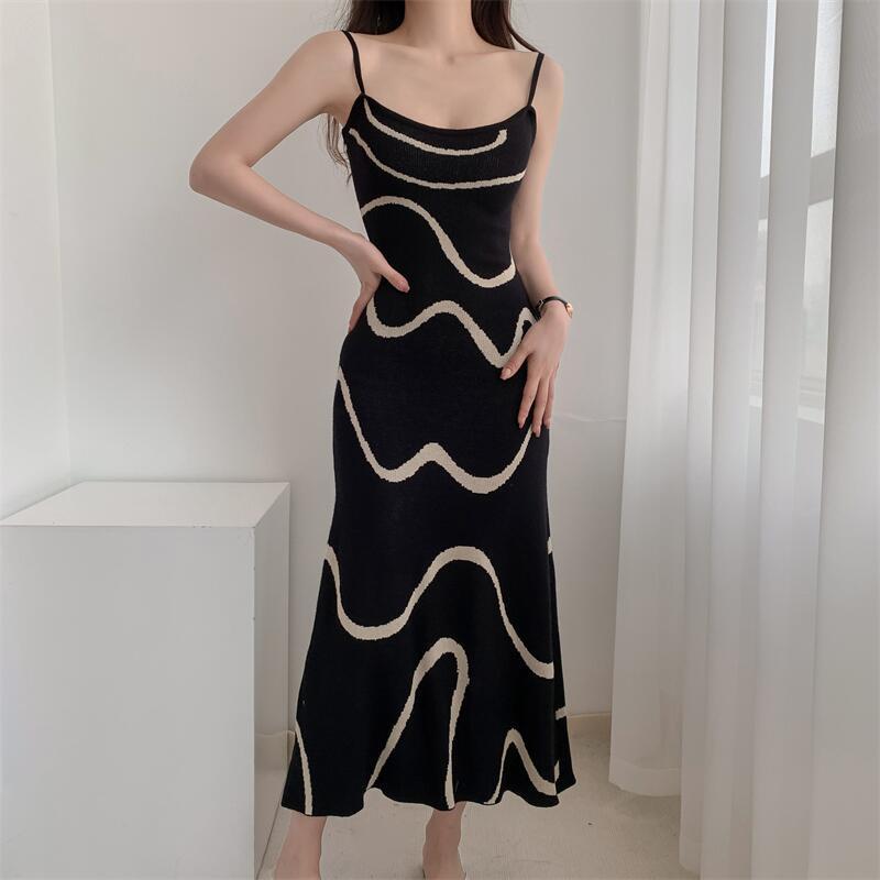 Summer Breeze: New Suspender Knitted Mid-Length Dress with Wave Pattern