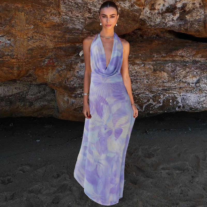 Boho Chic 2-Piece Tie-Dye Deep V-Neck Halter Dress Set - Backless Beach Party Style