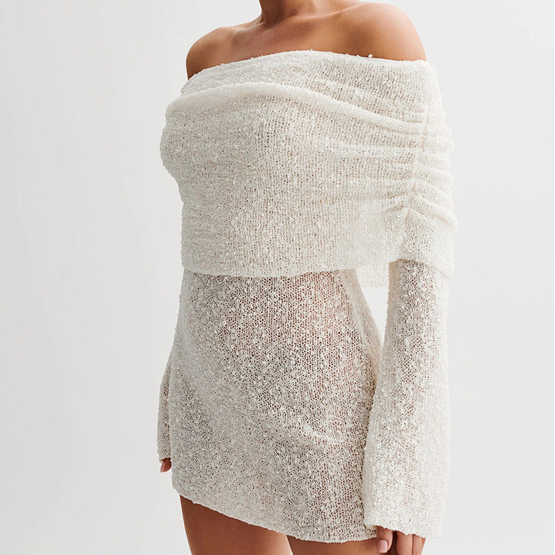 Florence-Skirt Knitted Hollow Chest Wrap Off-shoulder Dress