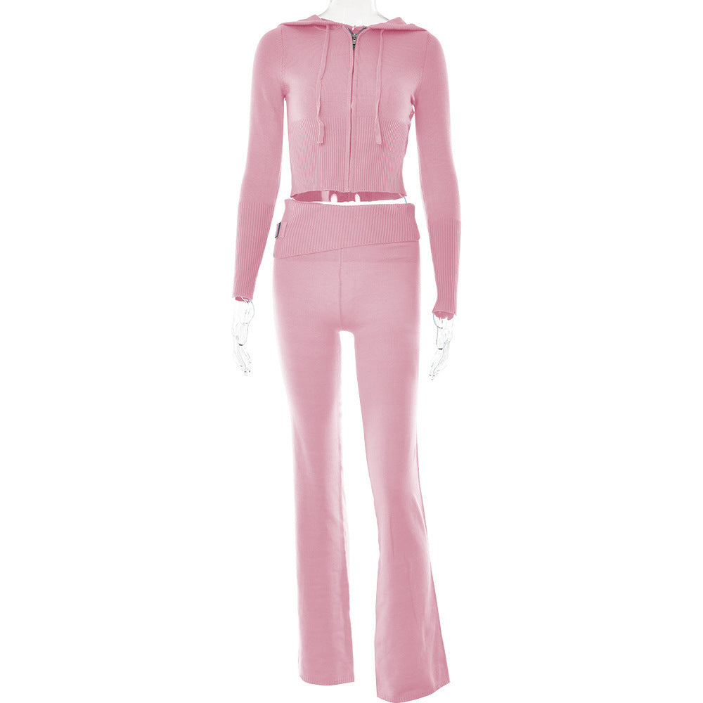 Trendy Women’s Zip-Up Hoodie and High-Waist Long Pants Set - Leisure & Chic