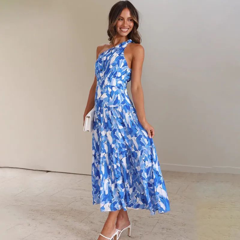 Sunshine Vibes: Summer Sloping Shoulder Backless Print Holiday Dress