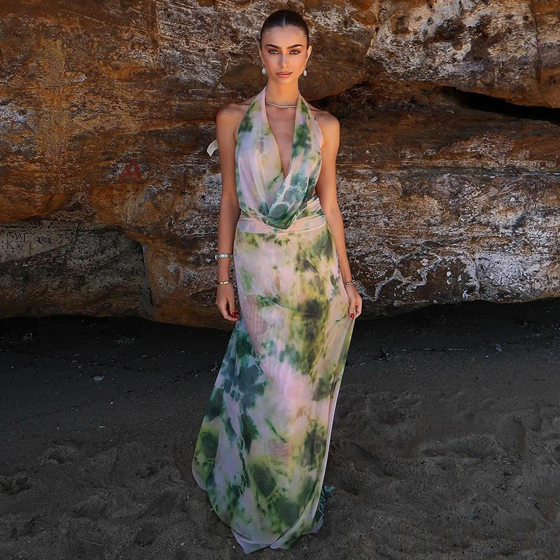 Boho Chic 2-Piece Tie-Dye Deep V-Neck Halter Dress Set - Backless Beach Party Style