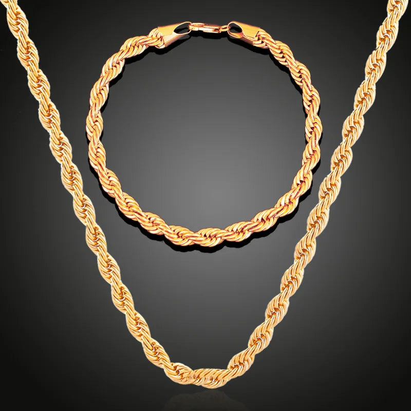 Freya-18K Gold Plated Jewelry Set - 4mm Twisted Chain Necklace & Bracelet