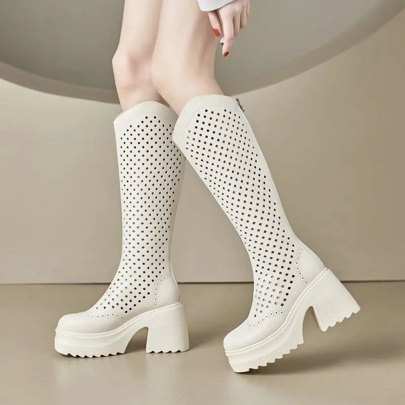 Mabel-Breathable Summer Motorcycle Platform Boots with Stylish Zip Design