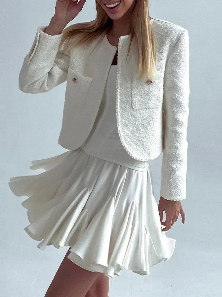 Elegant White Ruffle Mini Skirt - High Waist Pleated A-Line Summer Skirt