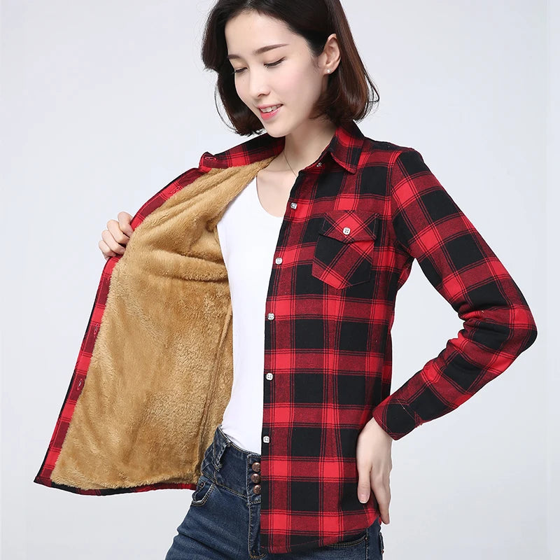 Lily-Plus Size Plaid Fleece Velvet Shirt Coat