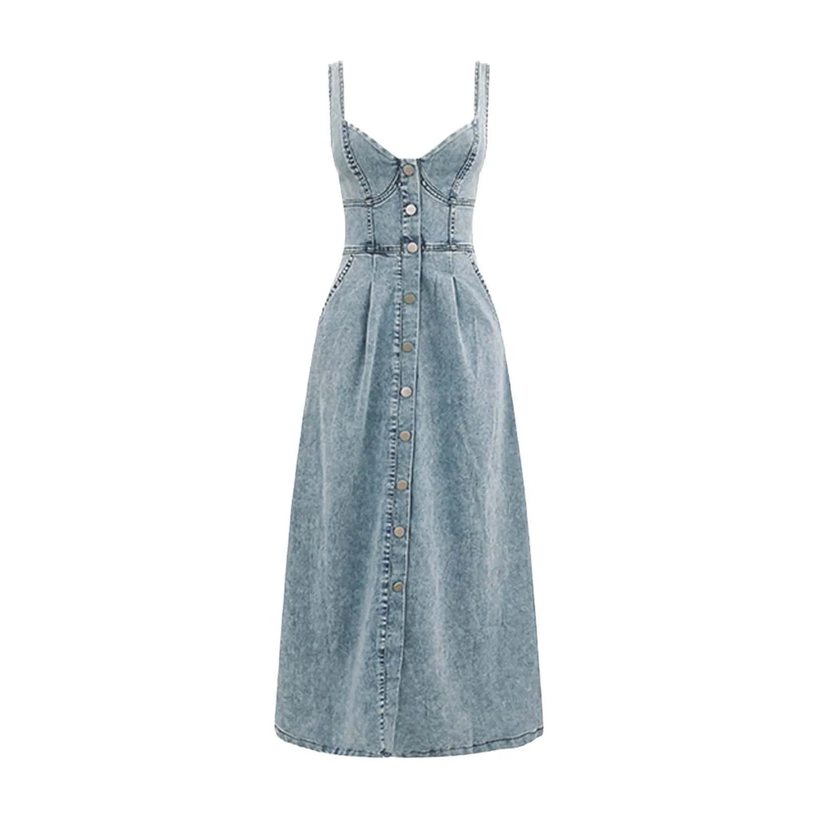 Vintage Summer Denim Sundress - V-Neck Backless