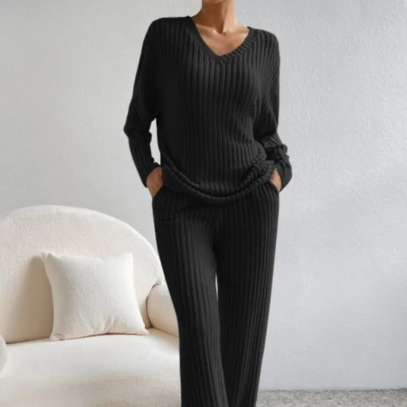 Aurora-Wool Sweater and Straight Pants Set - Casual Pit Stripe Two-Piece Suit