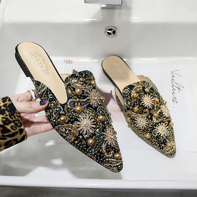 Zoe-Rhinestone Embroidered Velvet Fur Slippers