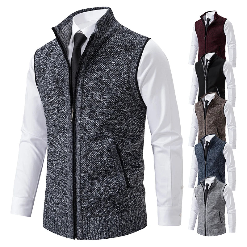 Louie-Knitted Wool Velvet Vest - Sleeveless Zipper Cardigan with Turtleneck