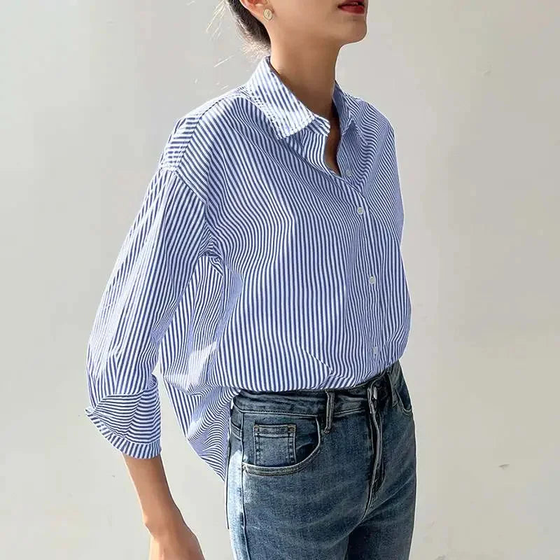 Penelope-Spring Summer Blue Stripes Blouse - Casual Long Sleeve Turn-Down Shirt