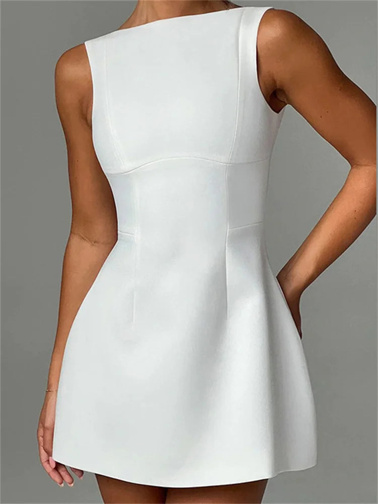 Tossy White Backless Mini Dress - Elegant Patchwork Slim Fit Party Dress