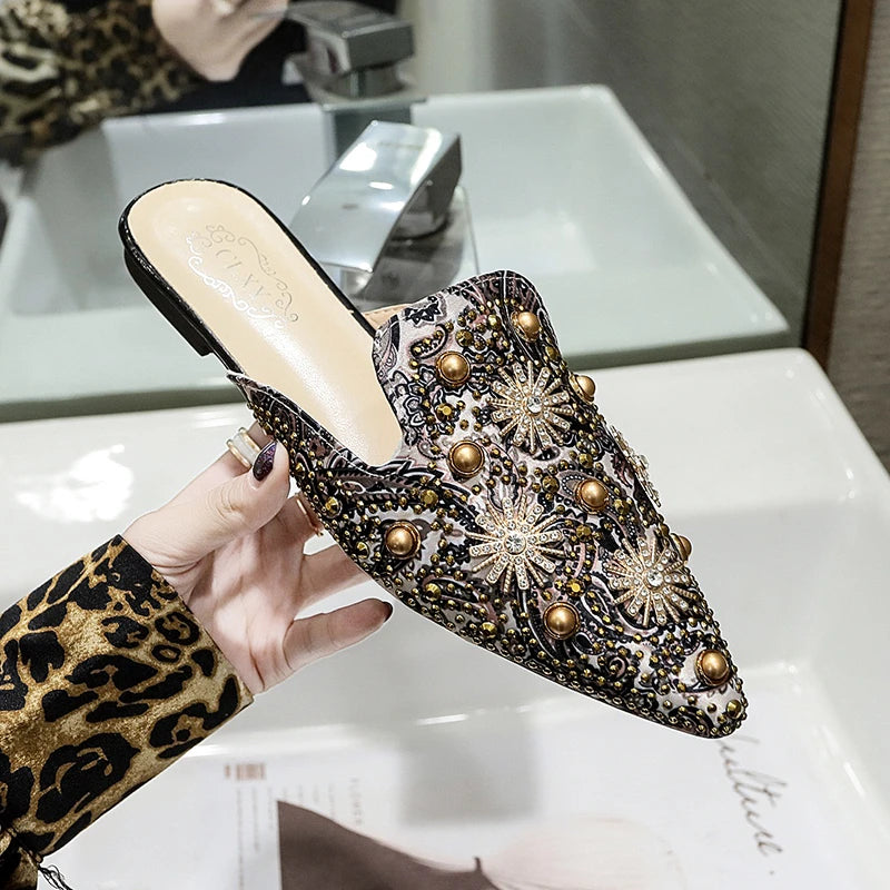 Zoe-Rhinestone Embroidered Velvet Fur Slippers