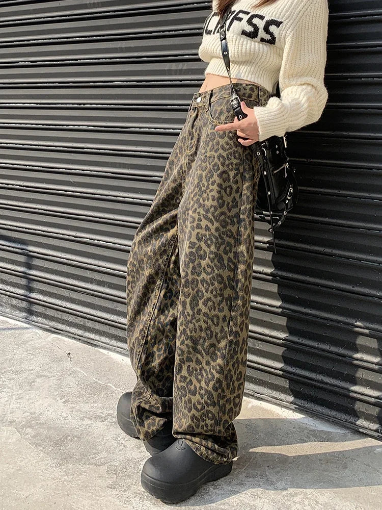 Aria-Korean Leopard Print Y2K Jeans - High Waisted Baggy Wide Leg Denim Pants