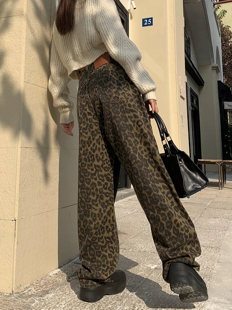 Aria-Korean Leopard Print Y2K Jeans - High Waisted Baggy Wide Leg Denim Pants