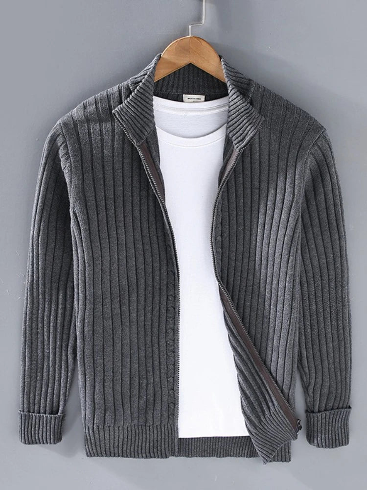 Bodhi-Thickened Cotton Cardigan - Stand Collar Zipper Knit Sweater