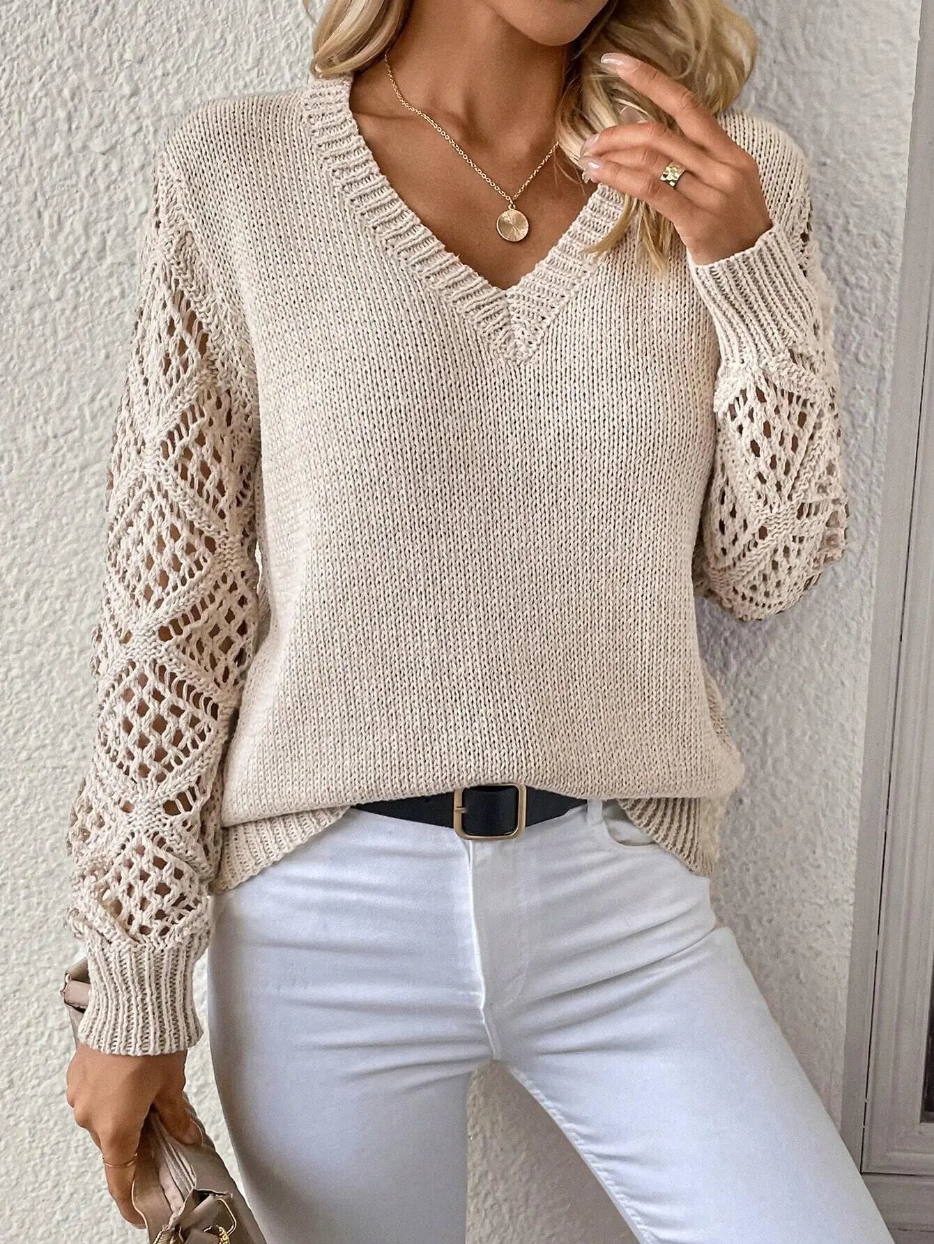 Willow-Casual V-Neck Knit Sweater-Solid Color Fall Pullover Top