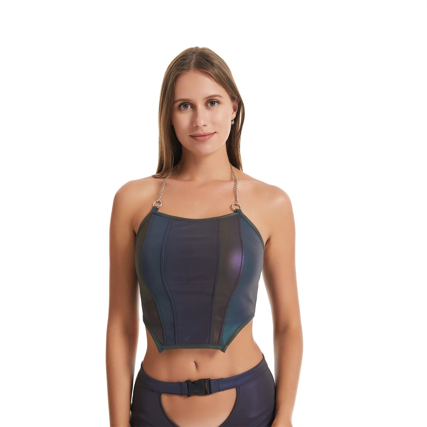 Sienna-Summer Rainbow Reflective Tank Top-Shiny Corset Style