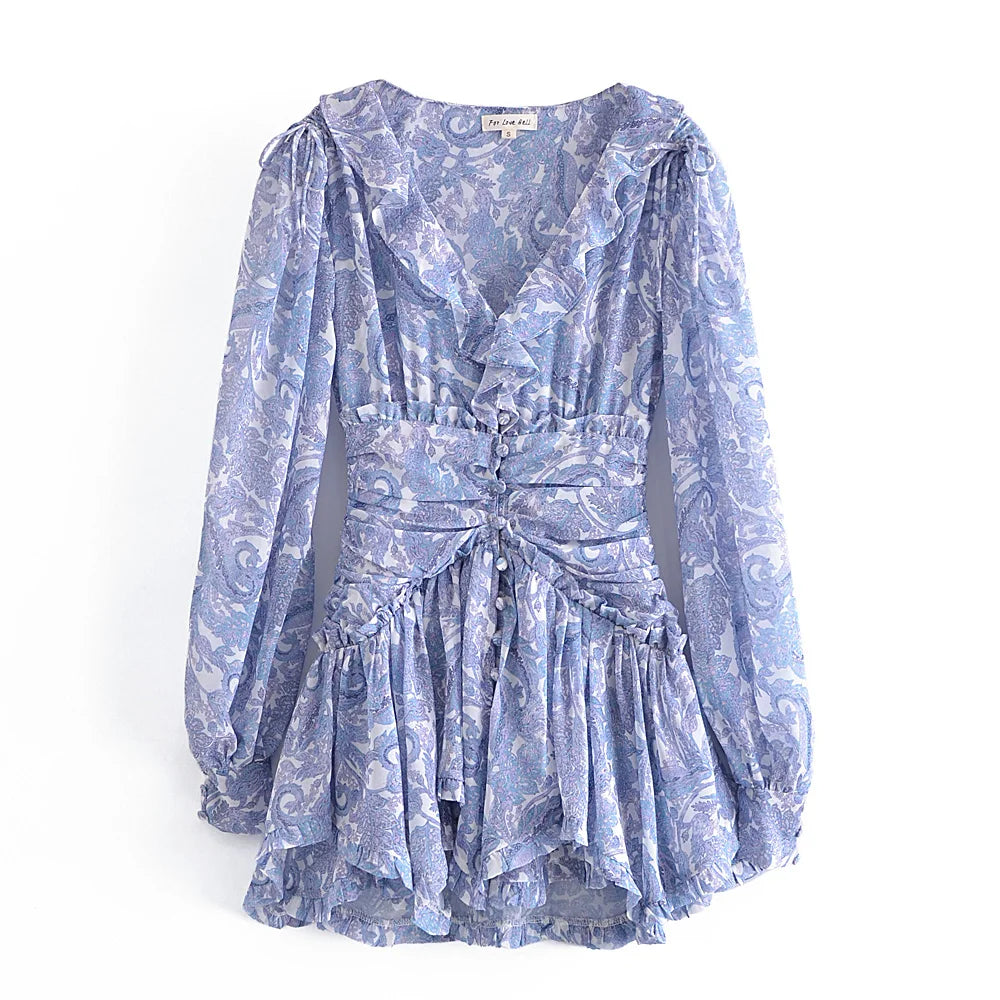 Floral Elegance-Blue Chiffon Mini Dress