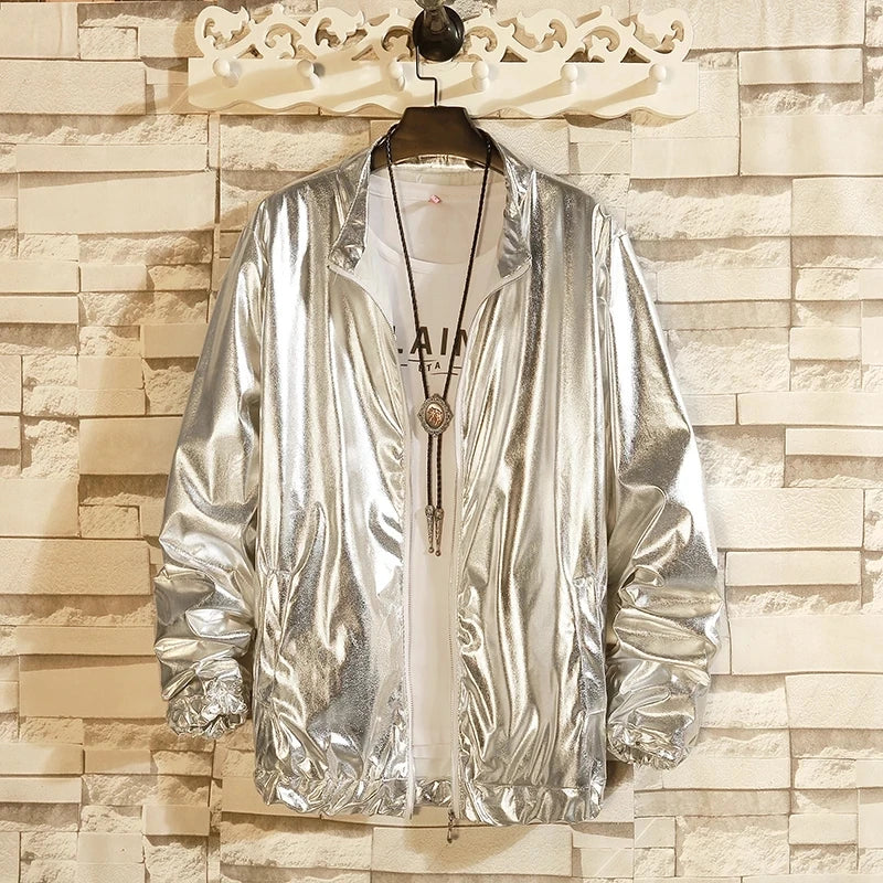 Men's Windbreaker Jacket - Reflective Gold Hip Hop Streetwear for Nightclub & Stage