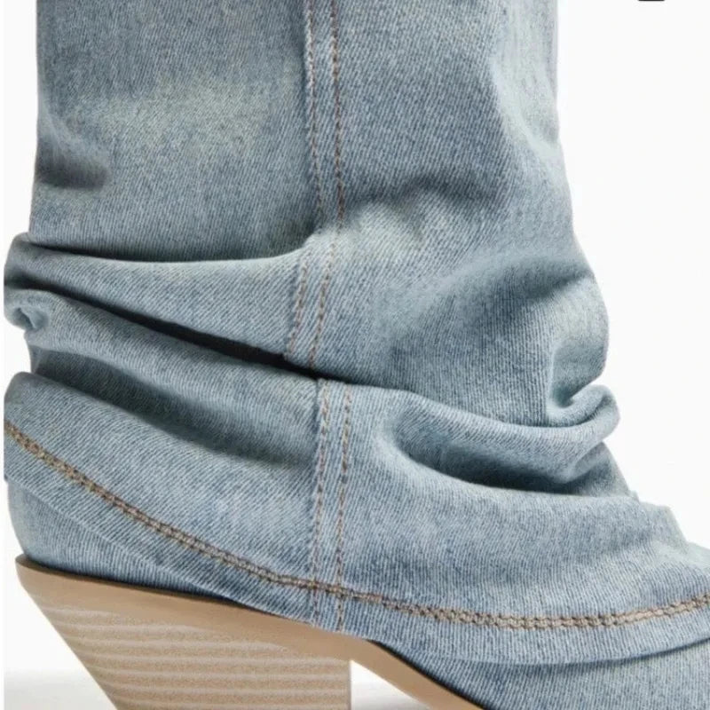 Phoebe-Pleated Block Heel Denim Boots