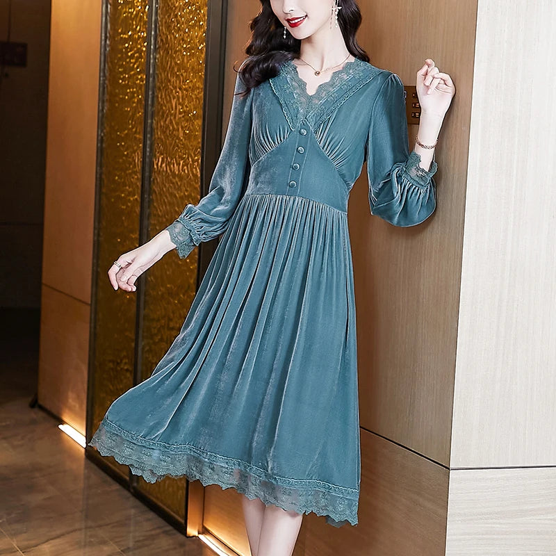 Aurora-Fashion Blue Velvet Patchwork Lace Midi Dress