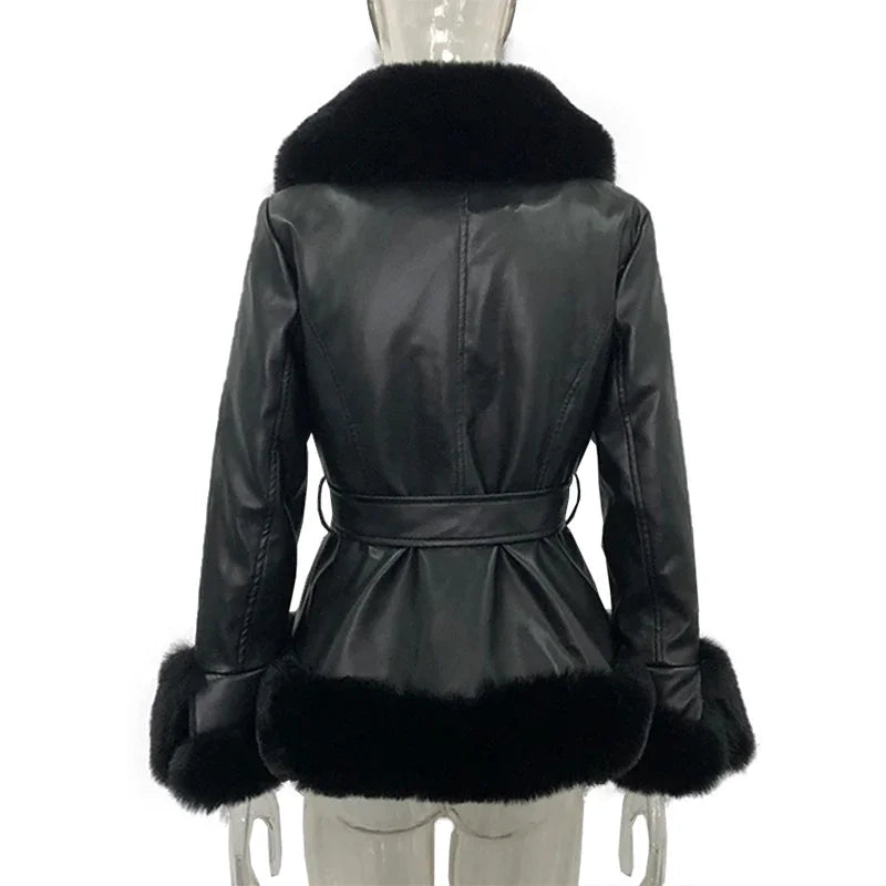 Zara-Fashionable Tie-Belt PU Leather Short Jacket