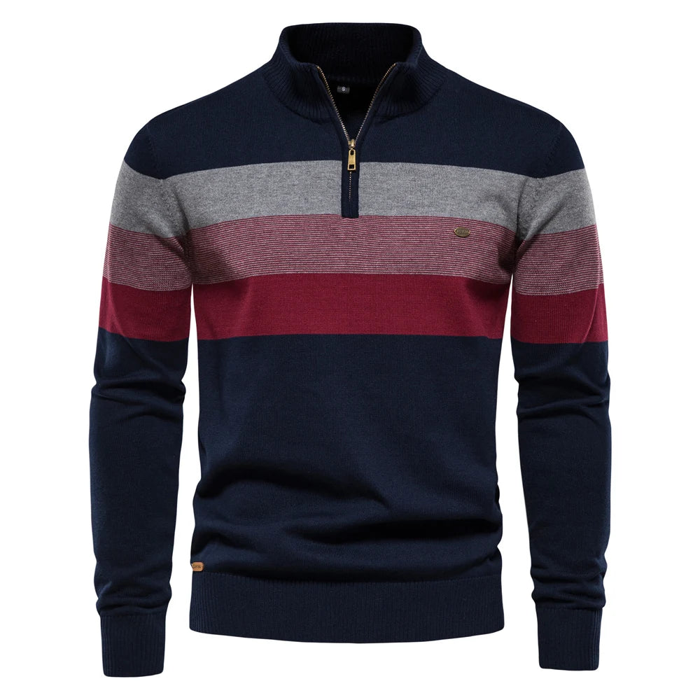 Hugo-Striped Cotton Quarter Zip Pullover Sweater