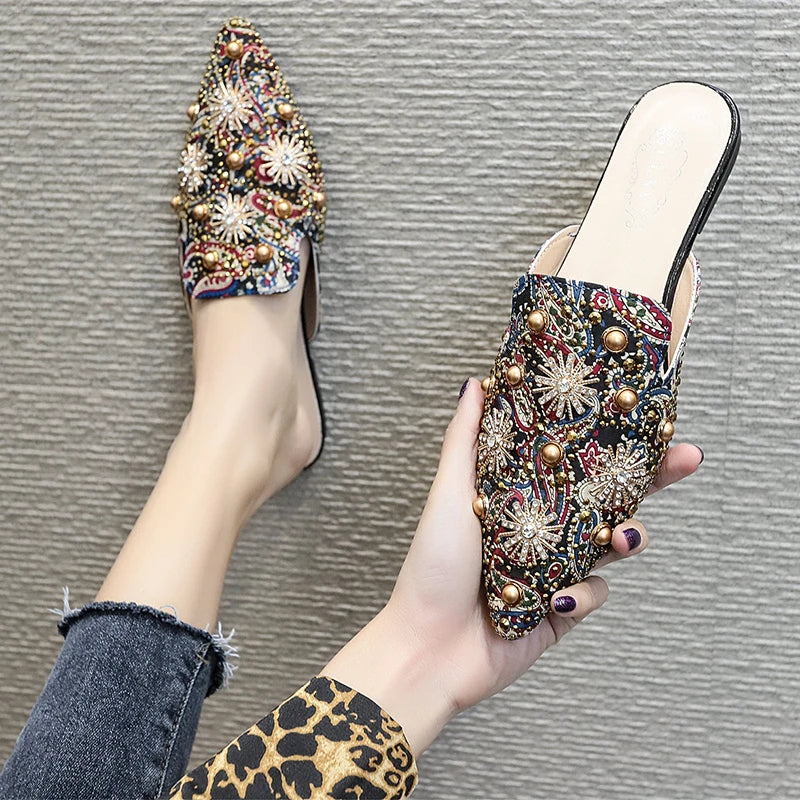 Zoe-Rhinestone Embroidered Velvet Fur Slippers