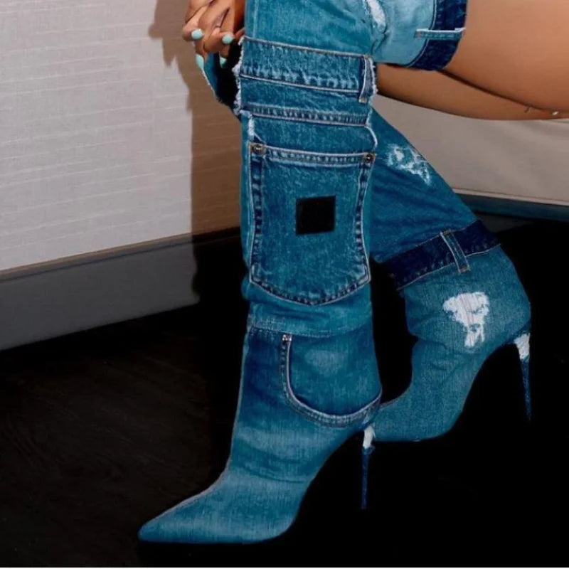 Eva-Washed Blue Cowboy Boots with Pointed Toe & Slim High Heel