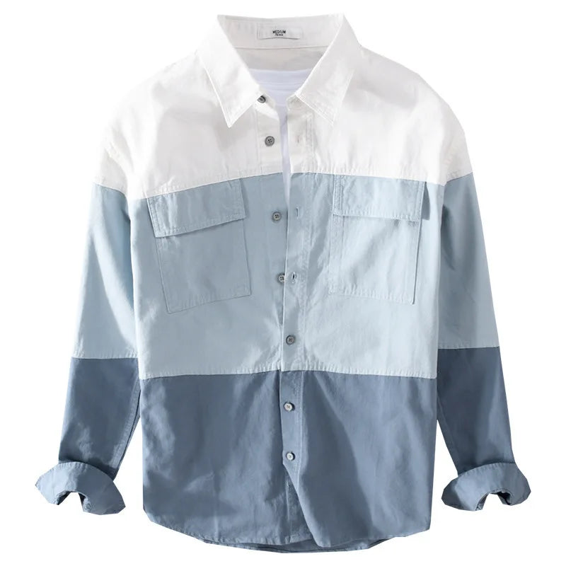 Retro Contrast Patchwork Shirt - Men's Cotton Long Sleeve Casual Cargo Shirt